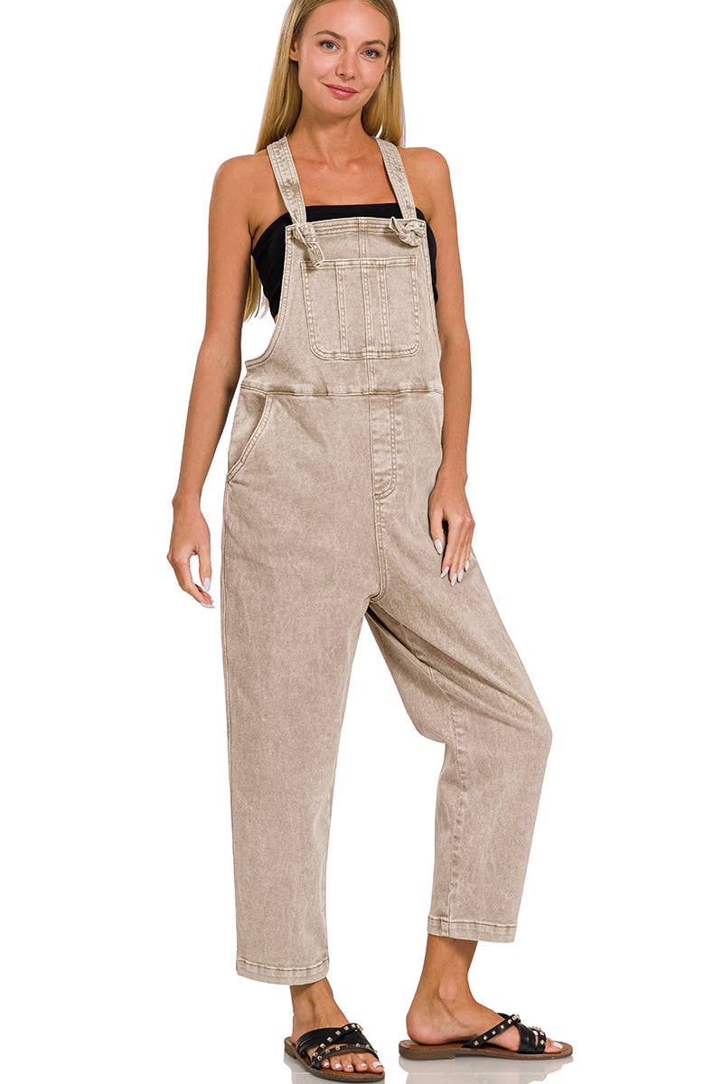 Acid Washed Overalls- Lt Camel