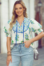 Load image into Gallery viewer, Bohemian Puff Sleeve Top with Royal Blue Piping and Ties
