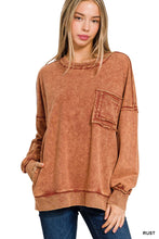Load image into Gallery viewer, French Terry Acid Wash Raw Edge Pullover W/ Pockets Zenana
