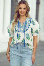 Load image into Gallery viewer, Bohemian Puff Sleeve Top with Royal Blue Piping and Ties
