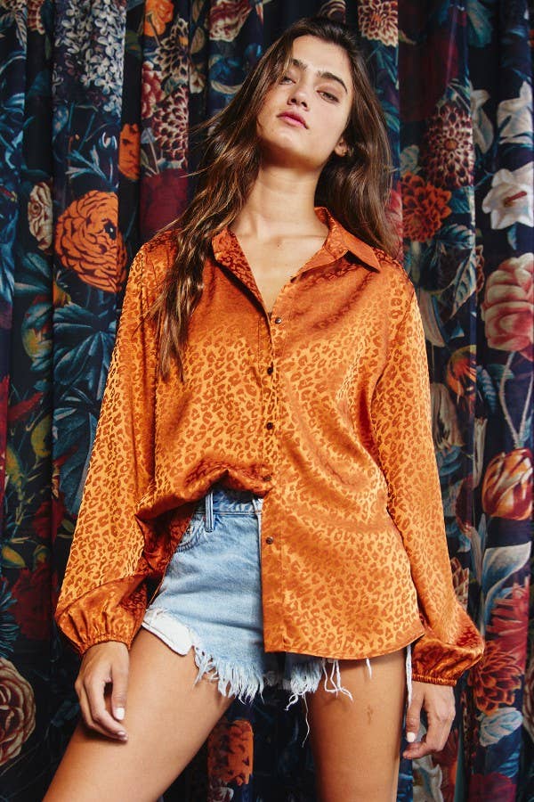 Leopard Satin Blouse-Rust