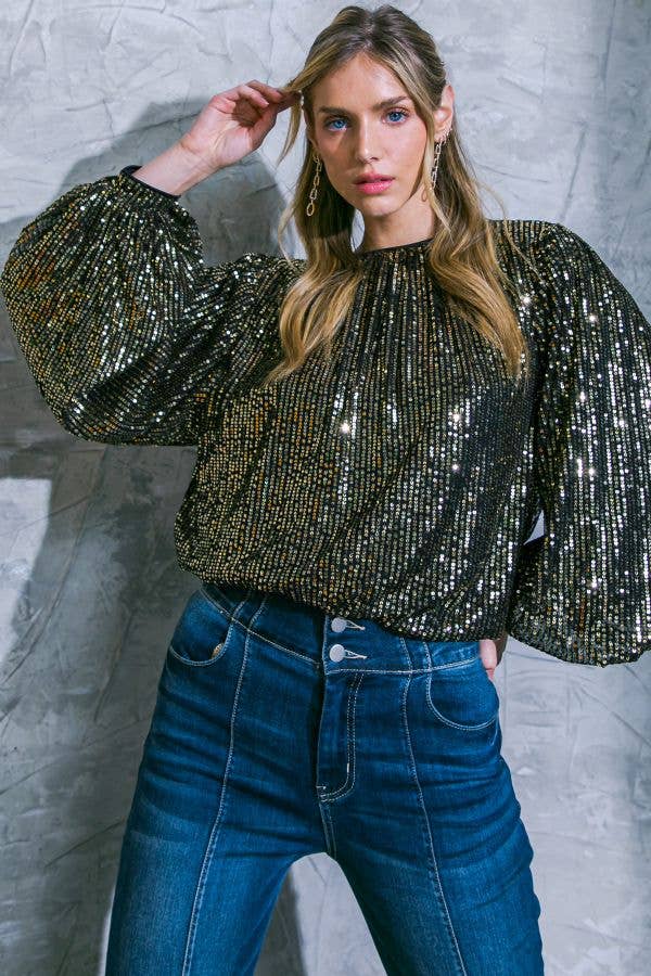 Holiday Glam-Sequin Blouse-Black