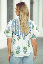 Load image into Gallery viewer, Bohemian Puff Sleeve Top with Royal Blue Piping and Ties
