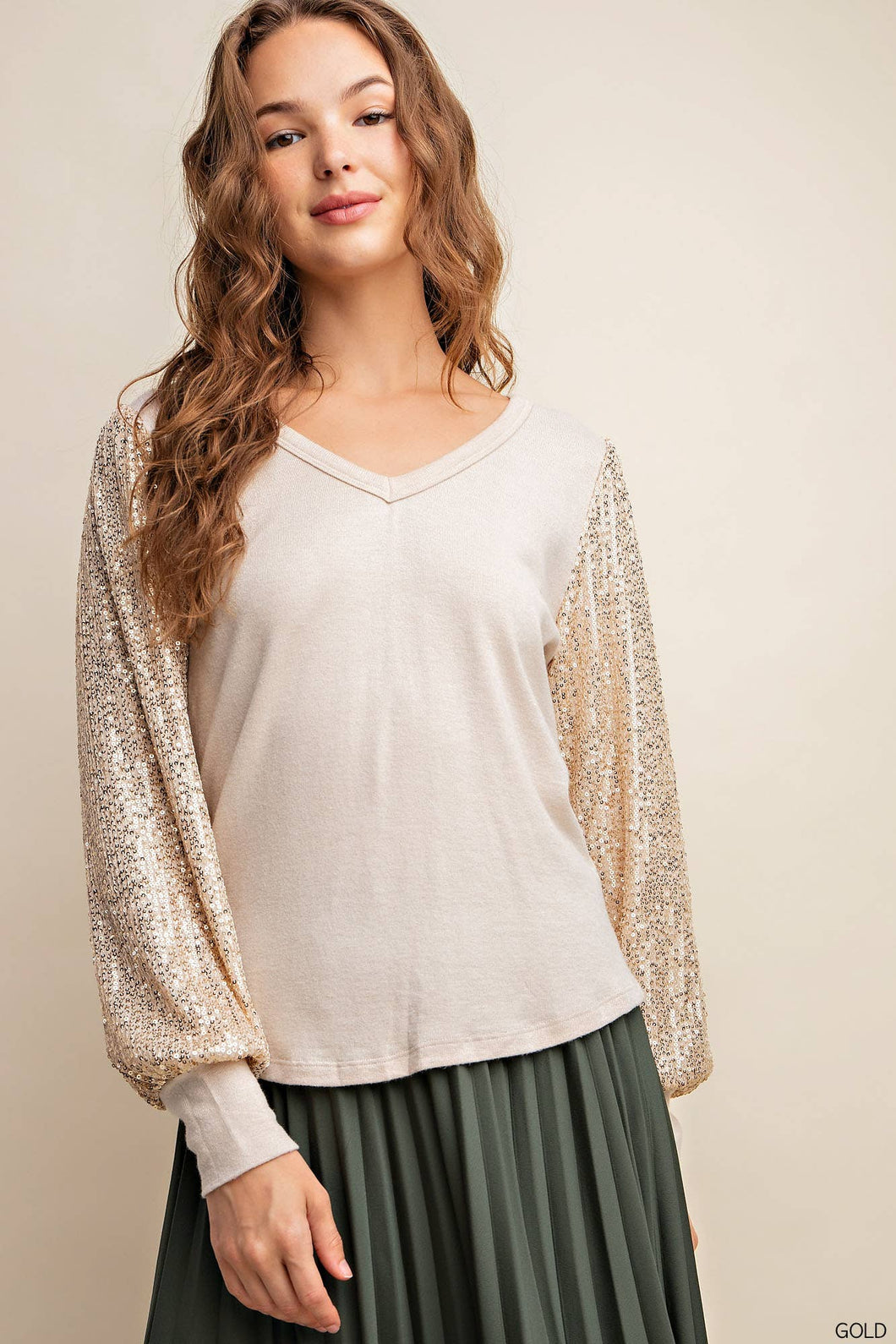 Clara-Sequence Sleeve Top-Gold