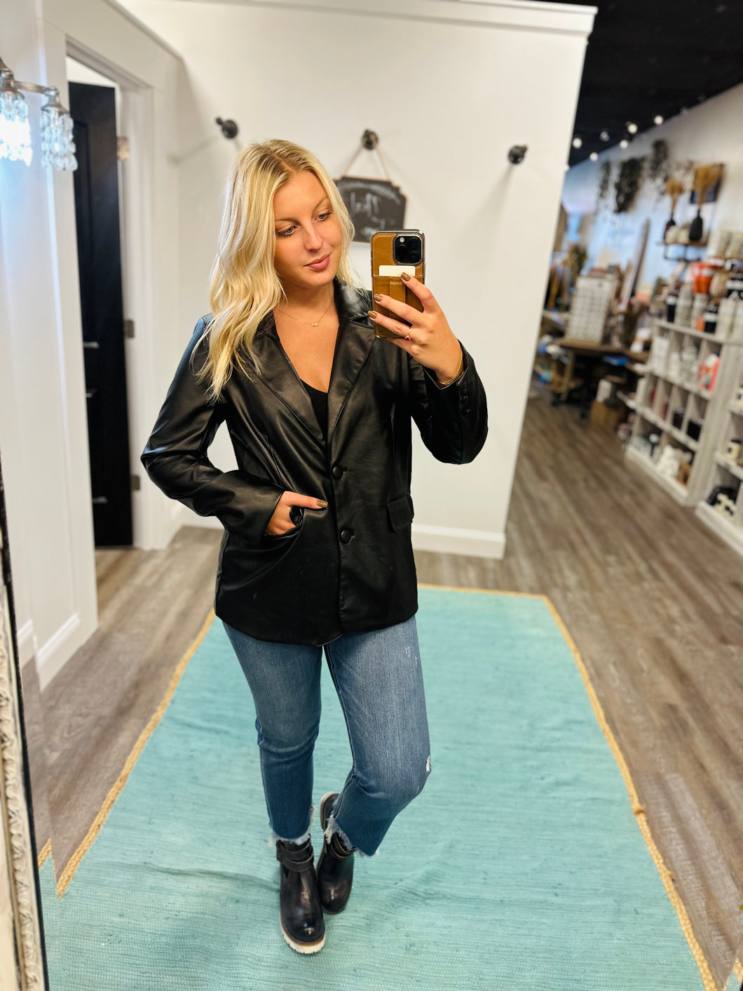 Here For It- Faux Leather Blazer