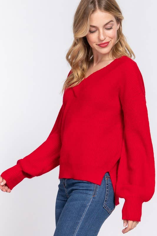 Festive-Ribbed Sweater-Red