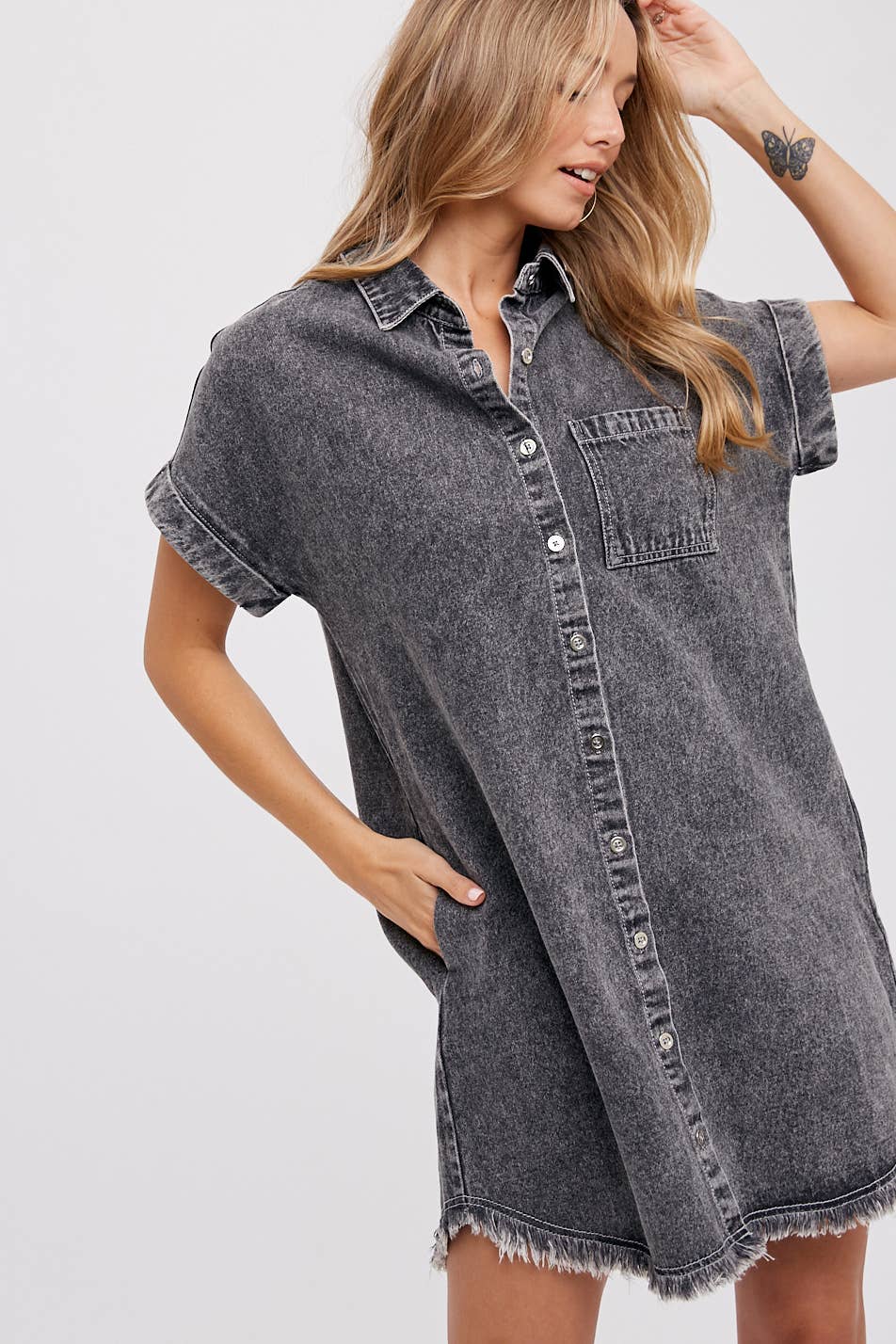 Frayed Denim Dress-Washed Black